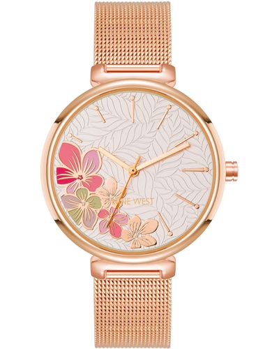 Nine West Floral Dial Mesh Bracelet Watch - Pink