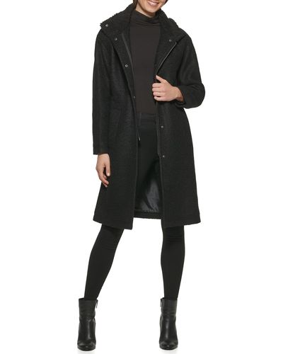 Kenneth Cole Full Zip Hooded Knee Length Boucle Wool Coat - Black