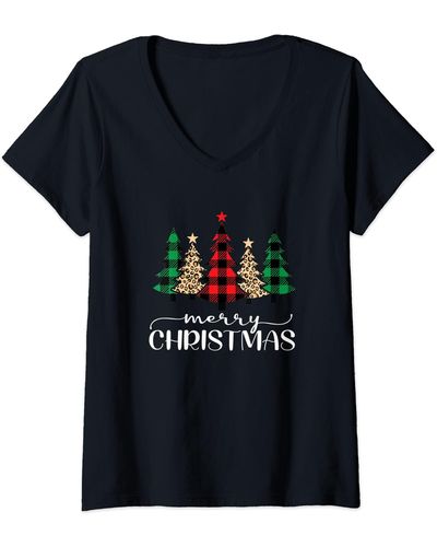 Ash S Merry Christmas Holiday Plaid Christmas Tree & Leopard Print V-neck T-shirt - Black