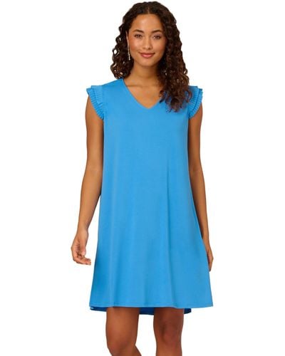Adrianna Papell V Neck Double Pleated Sleeve Dress Blue