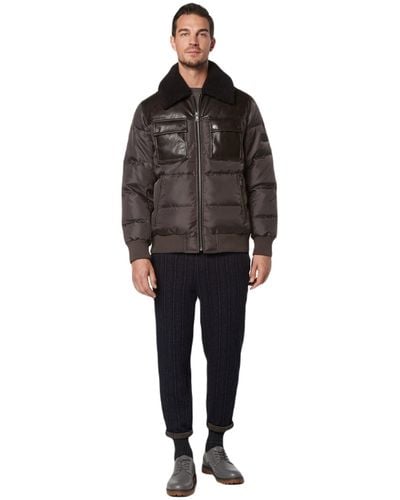 Andrew Marc Short Faux Leather And Water Resistant Oxford Shell Beaumont Puff Sherpa Rib Knit - Black