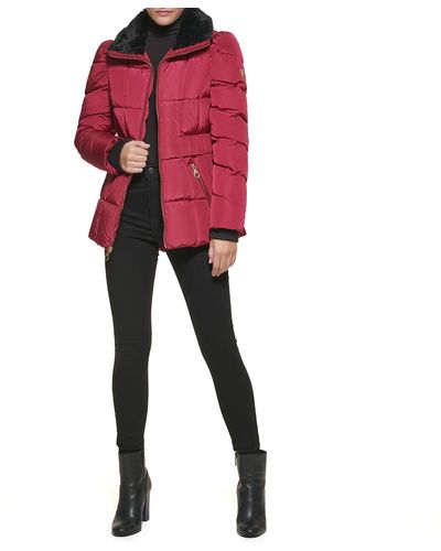 Guess Puffer Faux Fur Collar Quilted Coat - Red