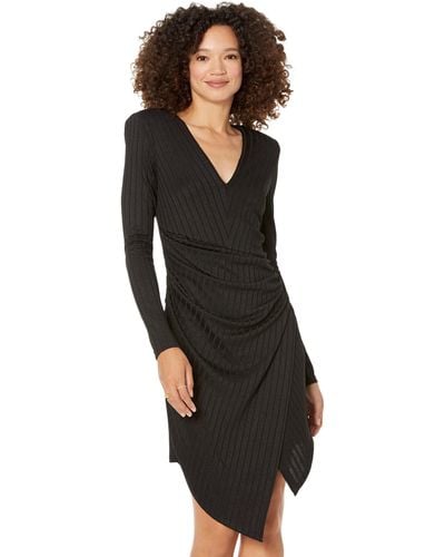 BCBGMAXAZRIA Mini Long Sleeve Asymmetrical Hem Ruching Fitted Faux Wrap Style Dresses - Black