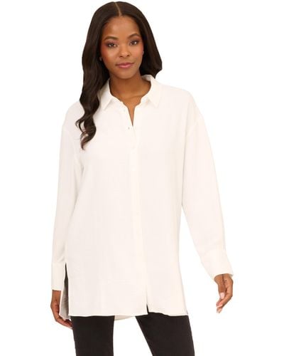 Adrianna Papell Airflow Woven Button Down Top W/side Slits - White