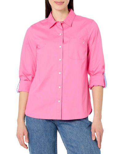 Nautica Button Front Long Sleeve Roll Tab Shirt - Pink
