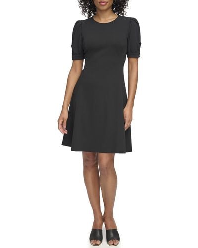 DKNY Short Sleeve Fit And Flare Jewel Neck Dress - Black