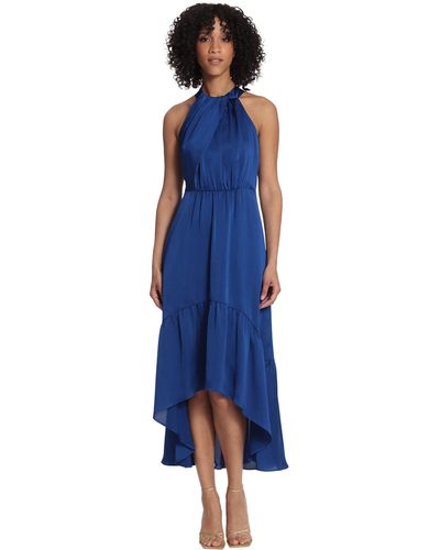 Maggy London Fold Detail Halter Dress With Back Neck Tie And Tiered High-low Skirt - Blue