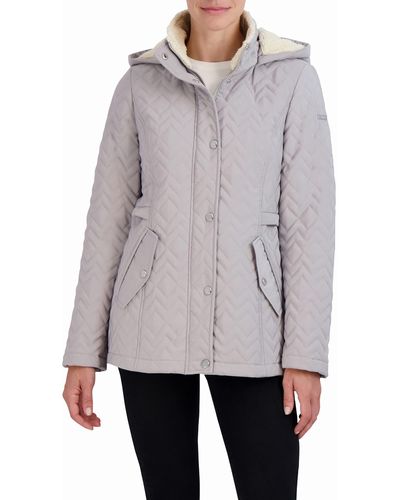 Laundry by Shelli Segal Short Quilted Jacket Zipper Front Faux Shearling Hood Drawcord Pocket 27.5" Coat - Gray