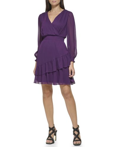 DKNY Chiffon Long Sleeve Smocked Waist Dress - Purple