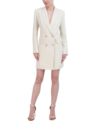 BCBGMAXAZRIA Long Sleeve V Neck Mini Tweed Blazer Dress - Natural