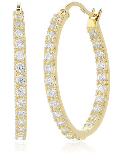 Amazon Essentials Amazon Collection 14k Gold Plated 925 Sterling Silver Round Prong-set Aaa Cubic Zirconia Hoop Earrings - Metallic