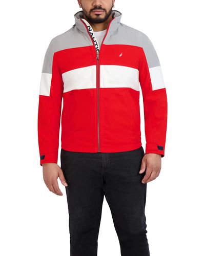 Nautica Water Resistant Long Sleeve Zip Up Hidden Hood Mechanical Stretch Jacket - Red