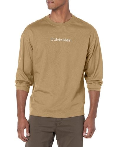 Calvin Klein Relaxed Fit Standard Logo Crewneck Long Sleeve Tee - Brown