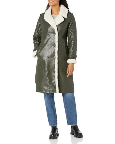 Kenneth Cole Sherpa Lined Faux Leather Long Outerwear Coat - Green