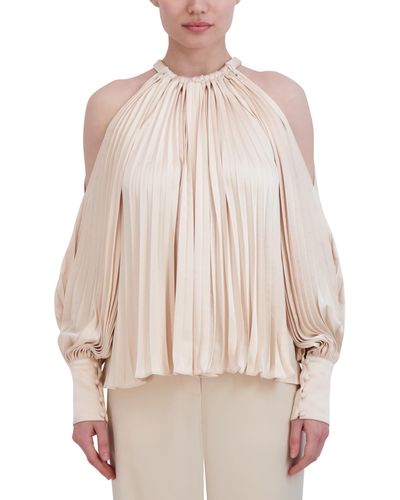BCBGMAXAZRIA Cold Shoulder Long Sleeve Crew Neck Pleated Satin Blouse - Natural