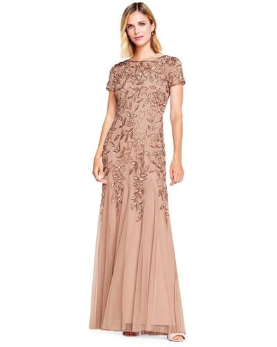Adrianna Papell Floral Beaded Godet Gown - Metallic