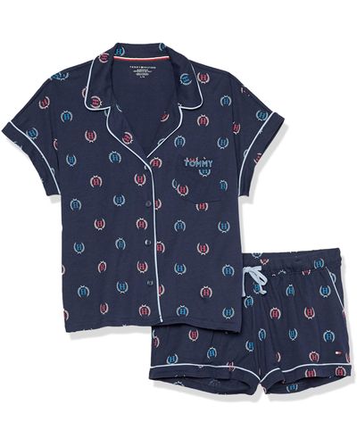 Tommy Hilfiger Womens Girlfriend Sleeved Top And Bottom Short Pj Pajama Set - Blue