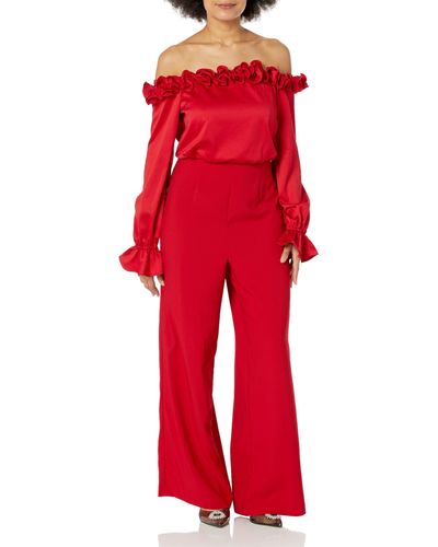 Adrianna Papell Satin Crepe Off The Shoulder Rosette Jumpsuit - Red