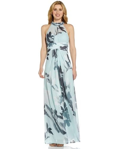 Adrianna Papell Printed Chiffon Halter Gown - Blue