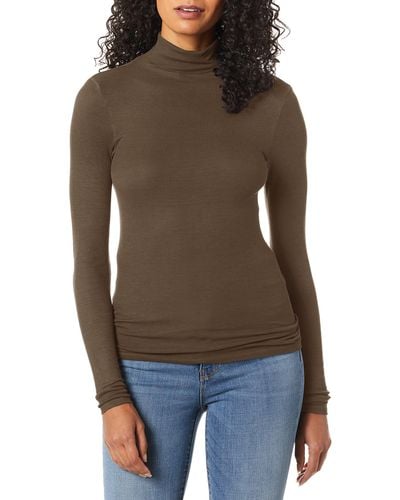 Enza Costa Rib Fitted Long Sleeve Turtleneck Top - Brown