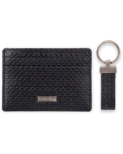 Calvin Klein Rfid Ck Emboss Logo Card Case Wallet With Key Fob - Black