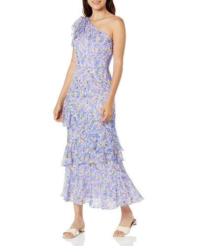 Shoshanna Priya One Shoulder Ruffle Midi Dress - Blue