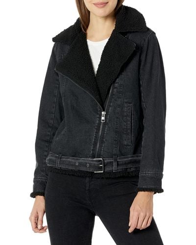 Calvin Klein Jeans Womens Jeans Oversized Belted Moto With Sherpa Denim Jacket - Black