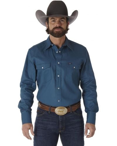 Wrangler Western Long Sleeve Snap Work Shirt Washed Finish Camicia - Blu