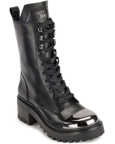 DKNY Leather Smooth Metal-cap-toe Boot Combat - Black