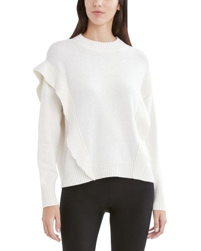 BCBGMAXAZRIA Long Sleeve Sweater With Ruffle Detail - White
