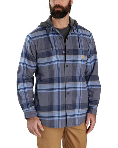 Carhartt Rugged Flex Relaxed Fit Flannel Fleece Lined Hooded Shirt Jac - Blue