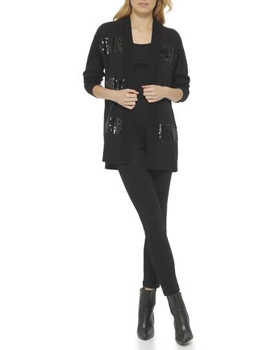 DKNY Open Cardigan Sequin Detail Sweater - Black
