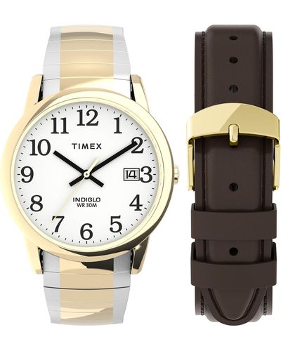 Timex Tone Case White Dial With Tapered Expansion Band + Brown Leather - Multicolor