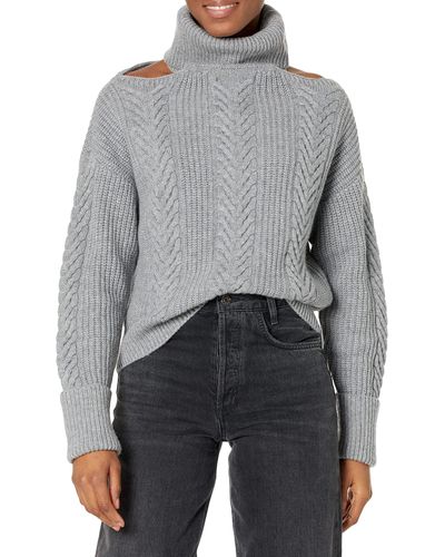 PAIGE Womens Lorilee Turtle Neck Shoulder Baring Cable Knit In Heather Gray Sweater