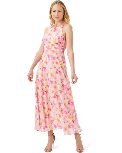 Adrianna Papell Printed Chiffon Watercolor Floral Midi Dress - Pink