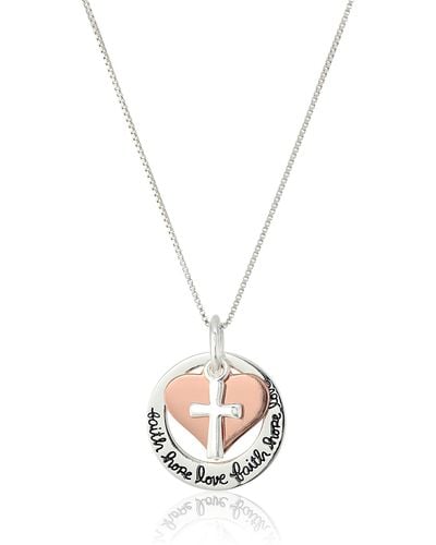 Amazon Essentials Two-tone Sterling Silver And Rose Gold-flashed "faith Hope Love" Cross Charm Pendant Necklace - White