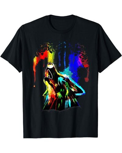 Omega Rainbow Color Neon Light Sky Howling Wolf Drawing Cute Shirt - Black