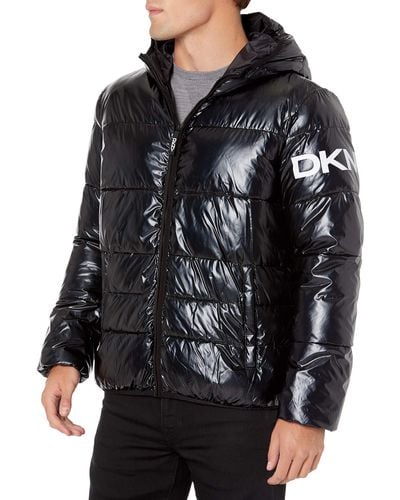DKNY Water Resistant Ultra Loft Hooded Logo Puffer Jacket - Black