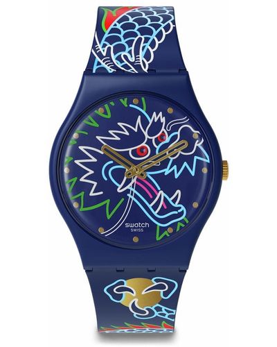 Swatch Casual Blue Bio-sourced Quartz Watch Dragon In Waves