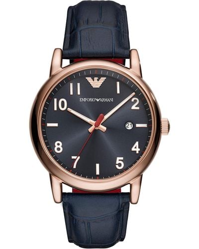 Emporio Armani Three-hand Stainless Steel And Blue Leather Watch - Metallic