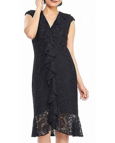 Maggy London Lace Cocktail Sheath With Center Front Cascade Ruffle - Black