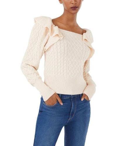BCBGMAXAZRIA Long Sleeve Sweater With Ruffle Shoulder - White