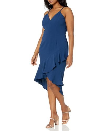 Dress the Population Wendy Sleeveless Plunging Ruffle Hem Midi Sheath Dress Dress - Blue