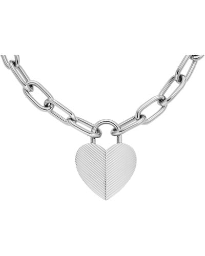 Fossil Harlow Linear Texture Heart Stainless Steel Pendant Necklace - White