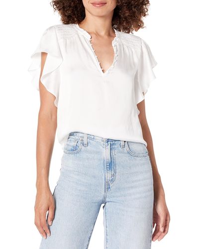 PAIGE Womens Dewan Top Flutter Sleeve Cascading Ruffles Smocking At The Yoke In White Blouse