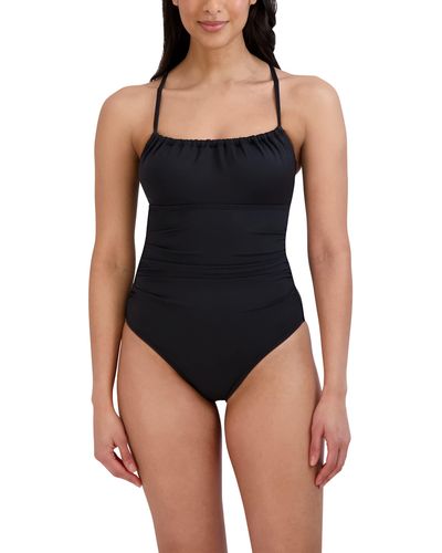 BCBGMAXAZRIA Standard One Piece Swimsuit Adjustable Ruched Bodice Tummy Control Quick Dry Bathing Suit - Black
