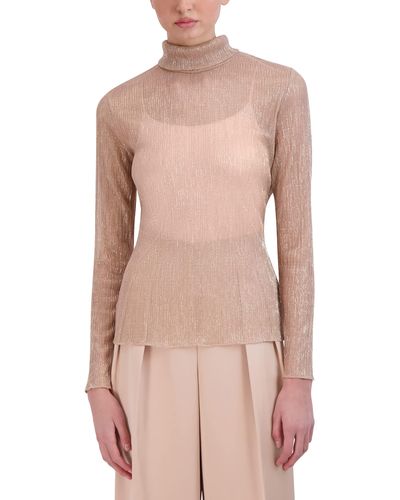 BCBGMAXAZRIA Fitted Long Sleeve Top Mock Neck Pleated Glitter Mesh Shirt - Pink