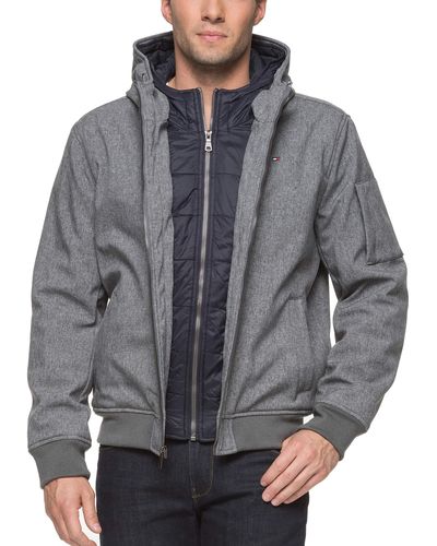 Tommy Hilfiger Big Soft Shell Fashion Bomber With Contrast Bib And Hood - Gray