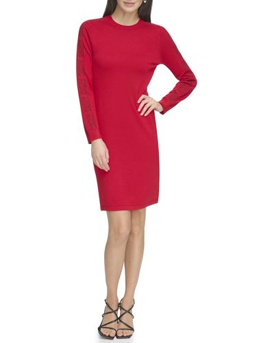 DKNY Jewel Neck Sweater Logo Dress - Red
