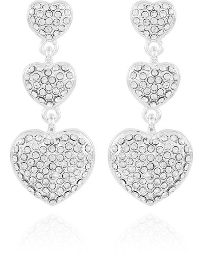 Guess Silvertone Triple Pave Crystal Glass Stone Heart Linear Dangle Drop Earrings - White